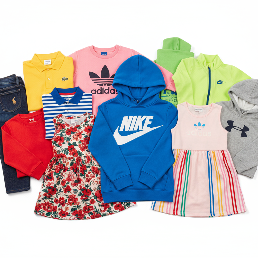 Collection of children's clothing including hoodies, dresses, and pants with visible brand logos on a white background.