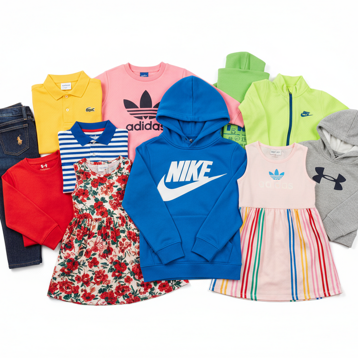 Collection of children's clothing including hoodies, dresses, and pants with visible brand logos on a white background.