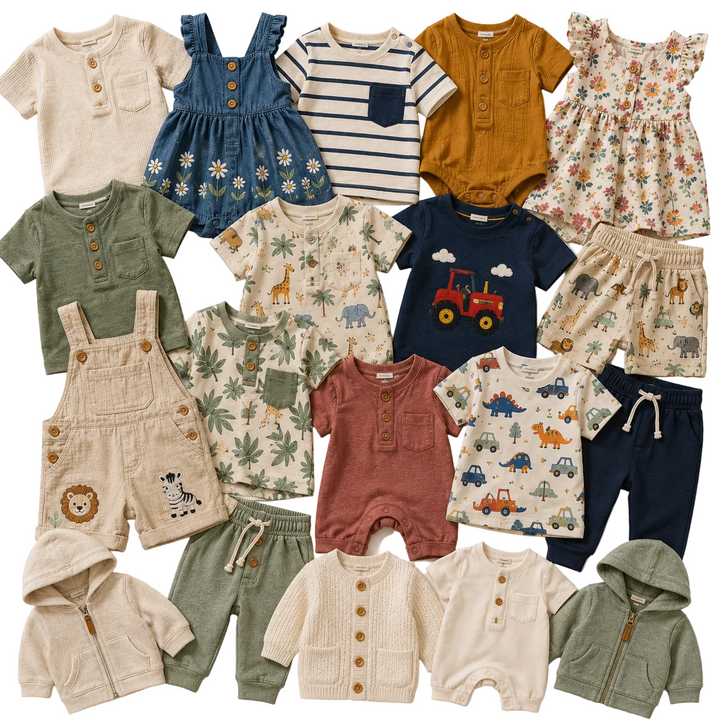 Baby clothing mix featuring rompers, bodysuits, dresses, dungarees, t-shirts, shorts and matching baby outfits in soft neutral and colourful styles. Wholesale second hand baby clothes bundle ideal for resellers, boutiques, vintage sellers and sustainable children’s clothing businesses