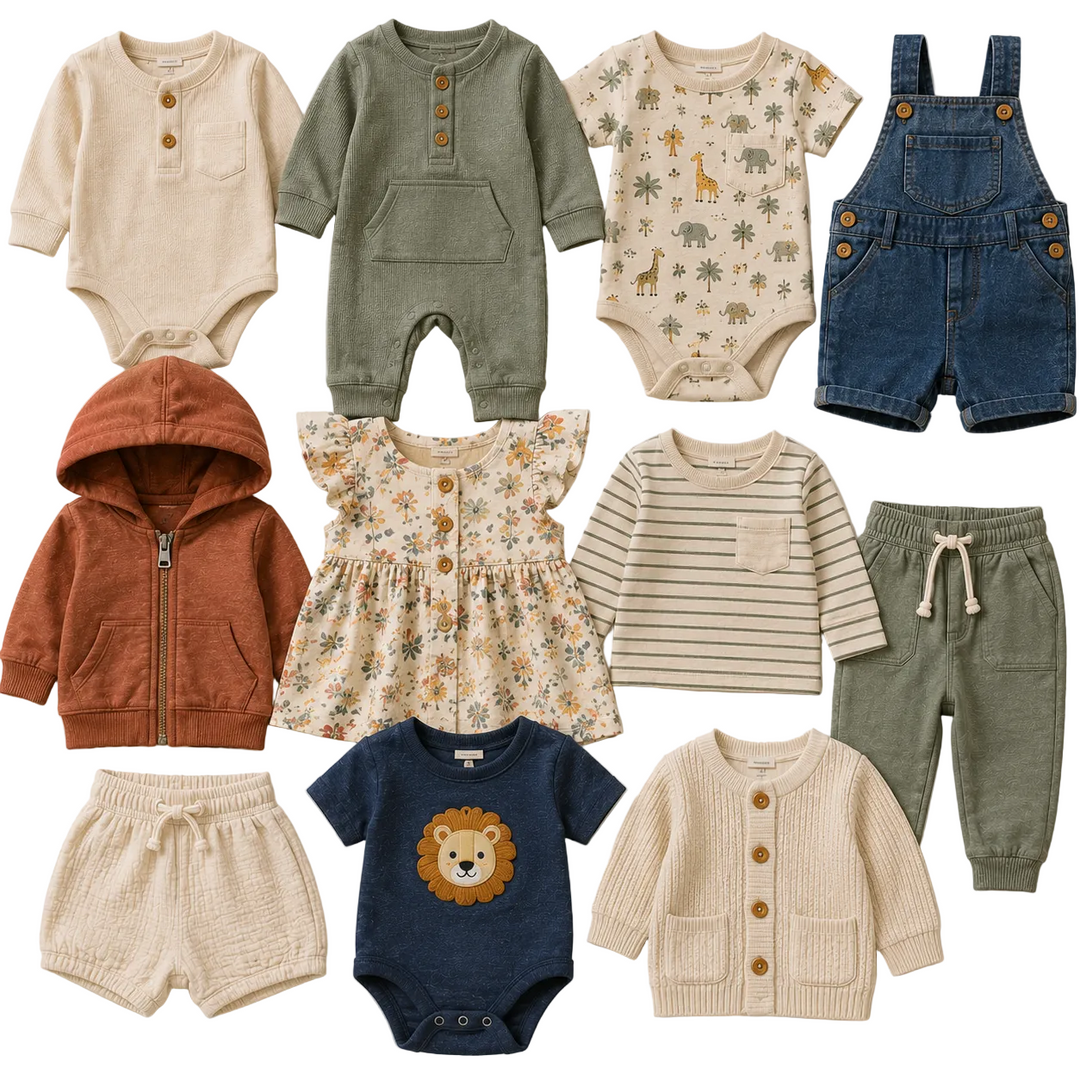 Baby clothing mix featuring rompers, bodysuits, dresses, dungarees, t-shirts, shorts and matching baby outfits in soft neutral and colourful styles. Wholesale second hand baby clothes bundle ideal for resellers, boutiques, vintage sellers and sustainable children’s clothing businesses