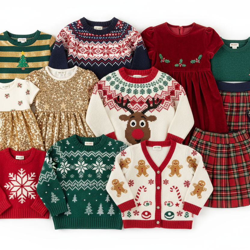 Collection of festive children's clothing including sweaters and dresses on a white background