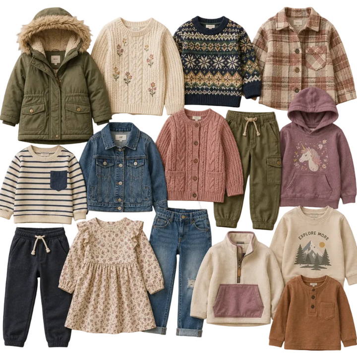 Kids autumn winter clothing mix featuring coats, hoodies, knitwear, fleeces, jeans, cargo trousers and seasonal children’s fashion in neutral earthy colours. Wholesale second hand kids clothing bundle ideal for resellers, boutiques, vintage sellers and sustainable children’s fashion businesses