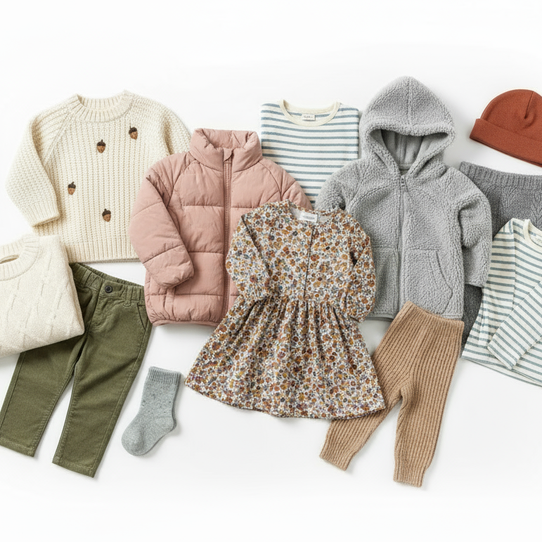 Collection of children's clothing including jackets, dresses, and pants on a white background