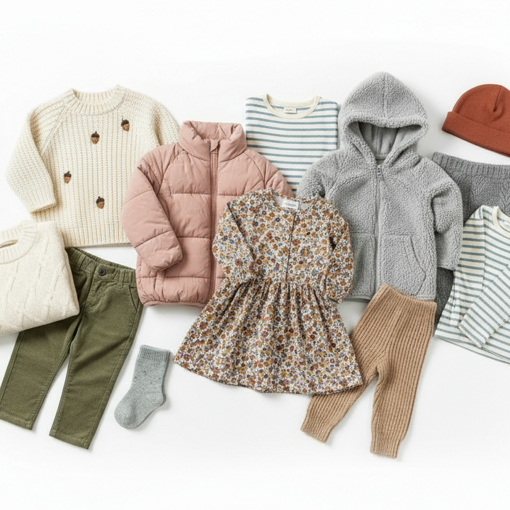 Collection of children's clothing including jackets, dresses, and pants on a white background