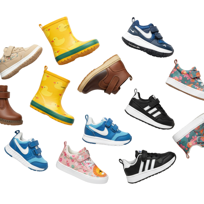 Collection of various children's shoes on a white background