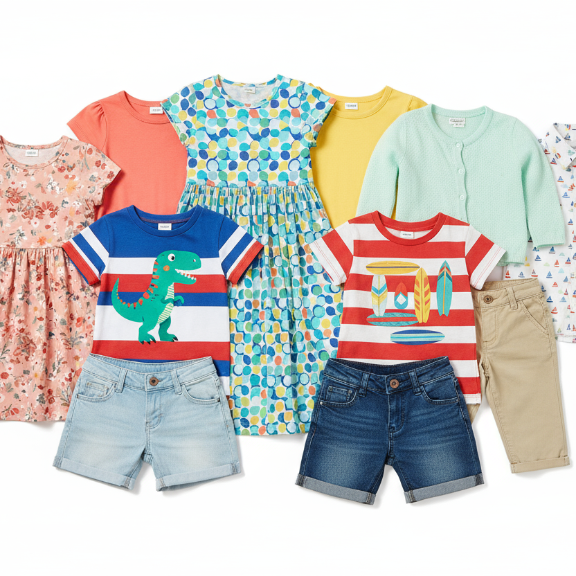 Collection of children's clothing including dresses, shirts, shorts, and pants on a white background