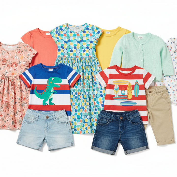Collection of children's clothing including dresses, shirts, shorts, and pants on a white background
