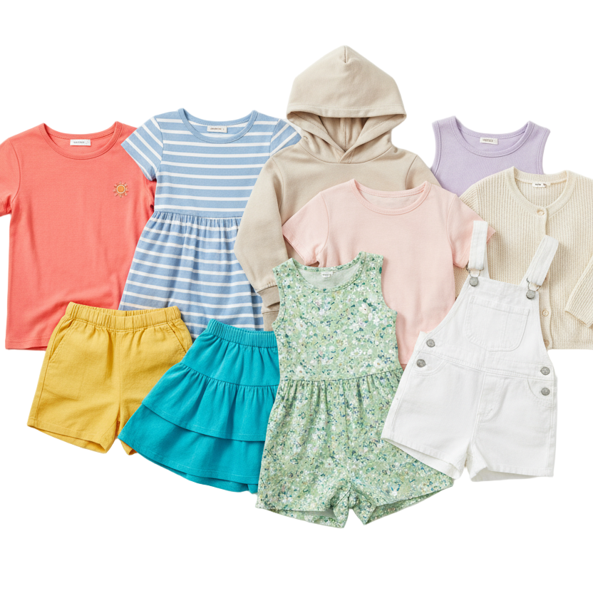 Collection of colorful children's clothing on a white background