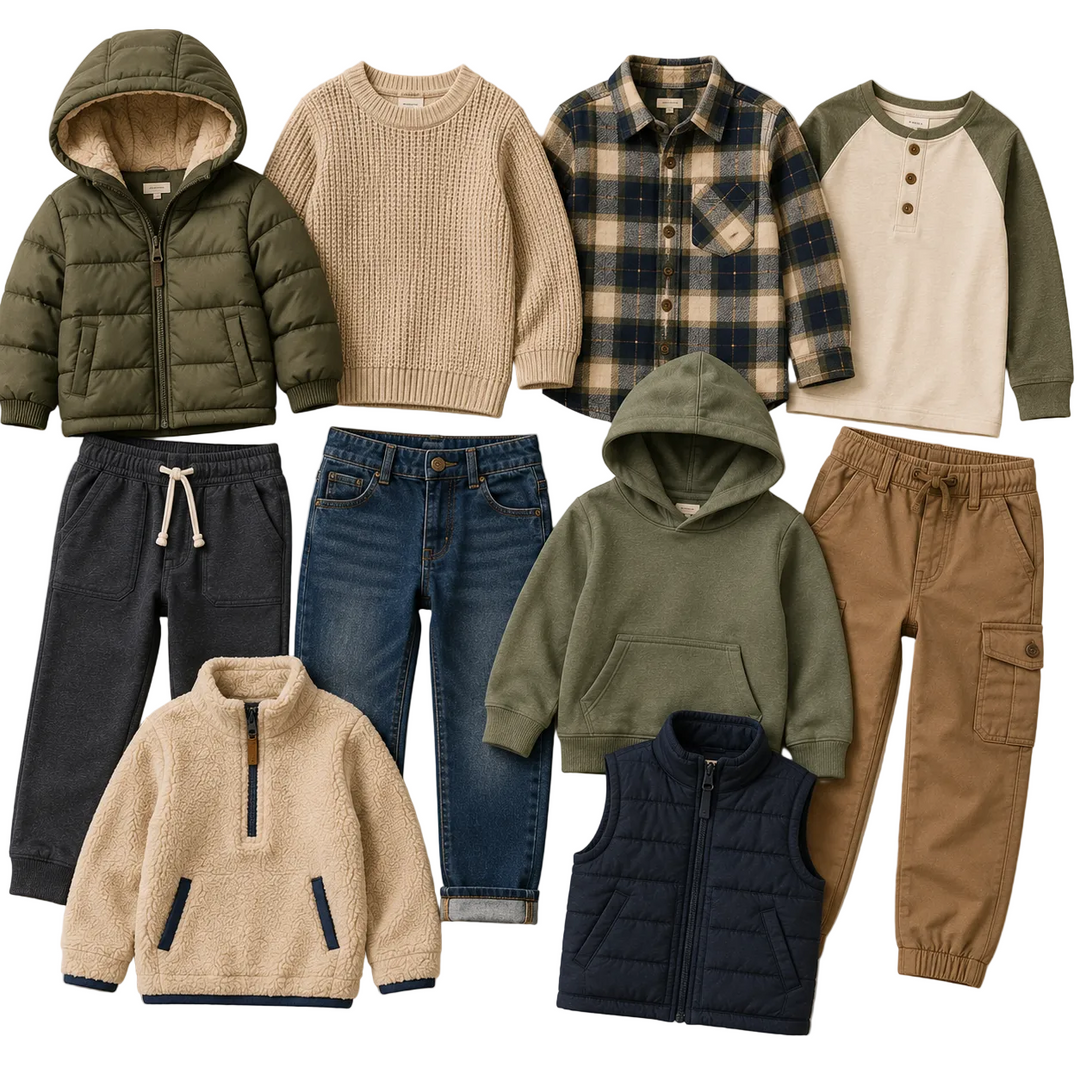 Kids autumn winter clothing mix featuring coats, hoodies, knitwear, fleeces, jeans, cargo trousers and seasonal children’s fashion in neutral earthy colours. Wholesale second hand kids clothing bundle ideal for resellers, boutiques, vintage sellers and sustainable children’s fashion businesses.