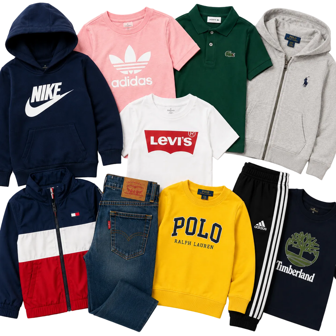 Kids branded clothing mix featuring Nike, Adidas, Lacoste, Levi’s, Ralph Lauren, Tommy Hilfiger and Timberland. Wholesale second hand children’s clothing bundle with hoodies, polos, jeans and branded casualwear for resellers and vintage clothing businesses.