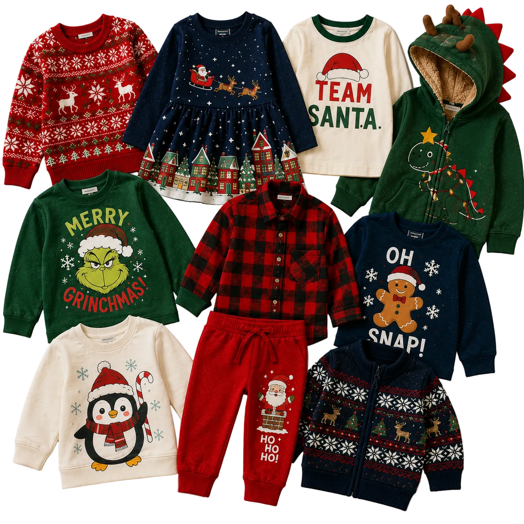 Kids Christmas clothing mix featuring festive jumpers, hoodies, dresses, pyjamas, sweatshirts and seasonal outfits with Christmas prints and holiday colours. Wholesale second hand children’s Christmas clothing bundle ideal for resellers, vintage sellers, boutiques and sustainable fashion businesses
