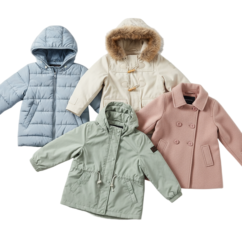 Four children's jackets in blue, beige, green, and pink on a light gray background