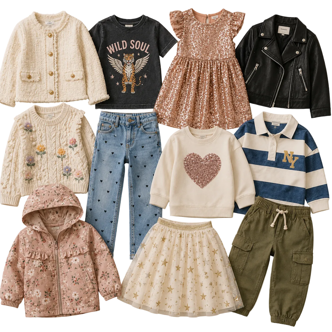 Kids premium clothing mix featuring sparkly dresses, patterned jeans, leather jackets, knitwear, skirts and fashionable children’s statement pieces in trendy seasonal styles. Wholesale second hand premium kids clothing bundle ideal for resellers, boutiques, vintage sellers and sustainable children’s fashion businesses