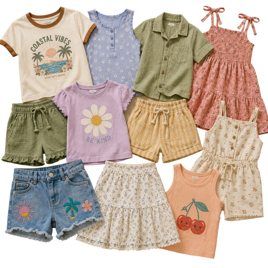 Kids spring summer clothing mix featuring colourful t-shirts, dresses, shorts, skirts, denim pieces and lightweight children’s fashion in fun seasonal styles. Wholesale second hand kids clothing bundle ideal for resellers, boutiques, market traders and sustainable children’s fashion businesses