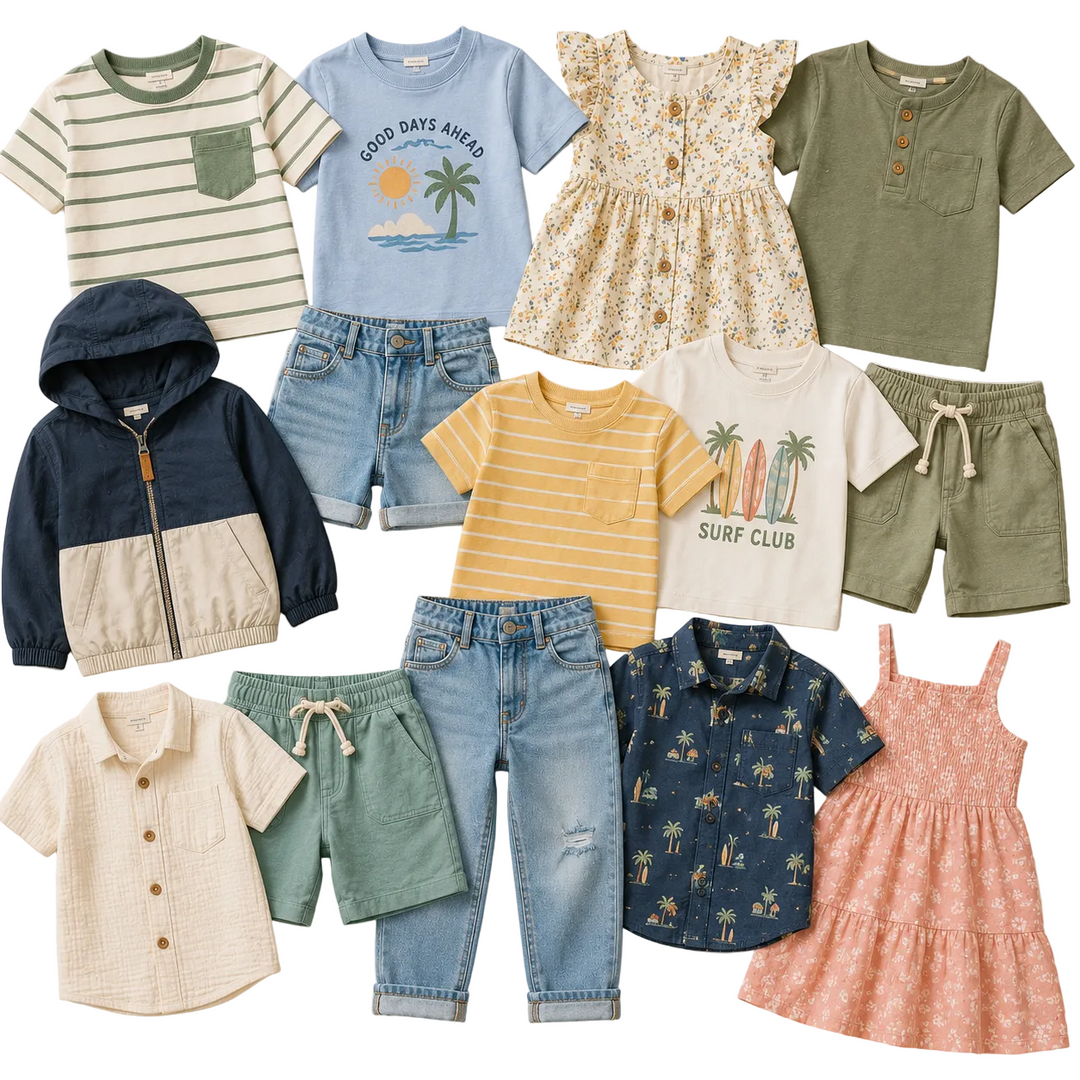 Kids spring summer clothing mix featuring t-shirts, dresses, shorts, lightweight jackets, jeans and casual children’s fashion in colourful seasonal styles. Wholesale second hand kids clothing bundle ideal for resellers, boutiques, vintage sellers and sustainable children’s fashion businesses.