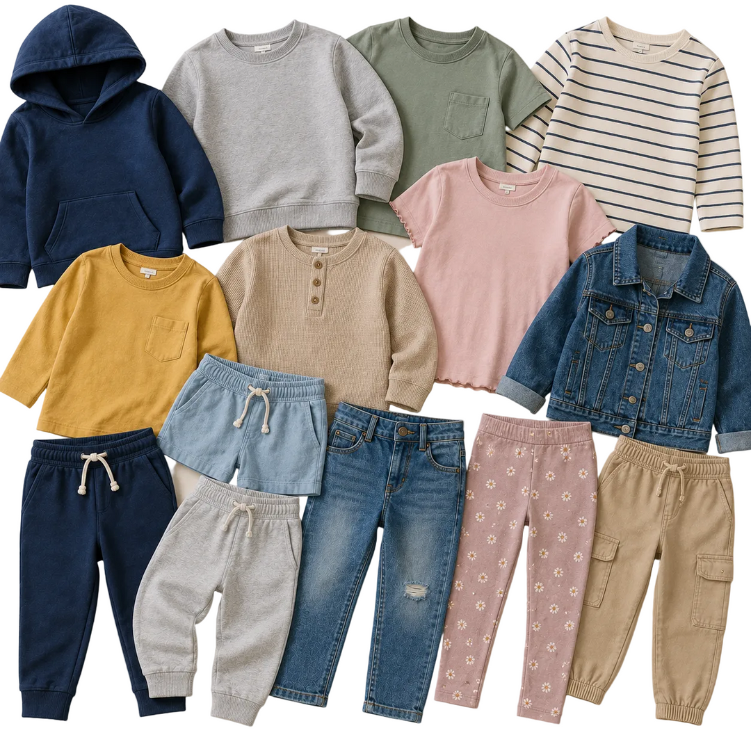 Kids value clothing mix featuring basic children’s t-shirts, hoodies, joggers, jeans, shorts and casual everyday clothing in simple neutral and colourful styles. Wholesale second hand kids clothing bundle ideal for resellers, market traders, boutiques and sustainable children’s fashion businesses.