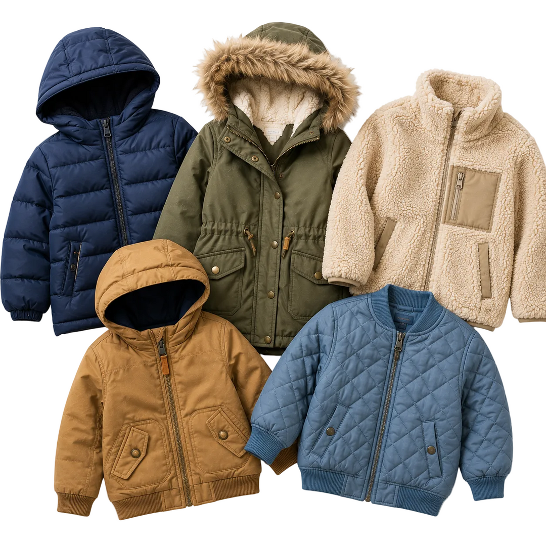 Kids coats and jackets mix featuring puffer coats, parkas, bomber jackets, teddy fleece jackets and hooded outerwear in neutral and seasonal colours. Wholesale second hand children’s coats bundle ideal for resellers, vintage sellers, boutiques and sustainable kids clothing businesses