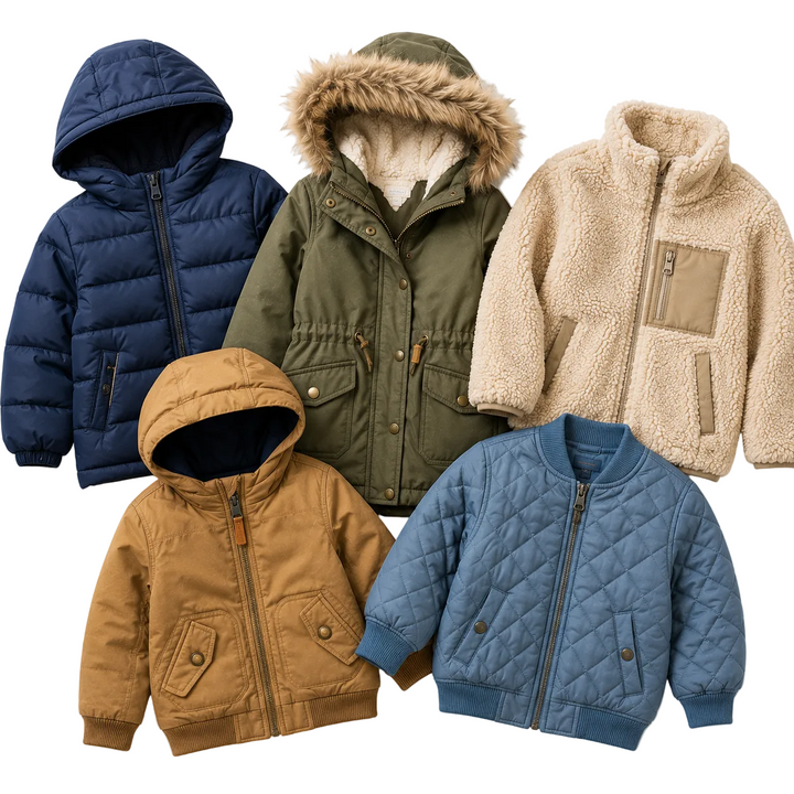 Kids coats and jackets mix featuring puffer coats, parkas, bomber jackets, teddy fleece jackets and hooded outerwear in neutral and seasonal colours. Wholesale second hand children’s coats bundle ideal for resellers, vintage sellers, boutiques and sustainable kids clothing businesses