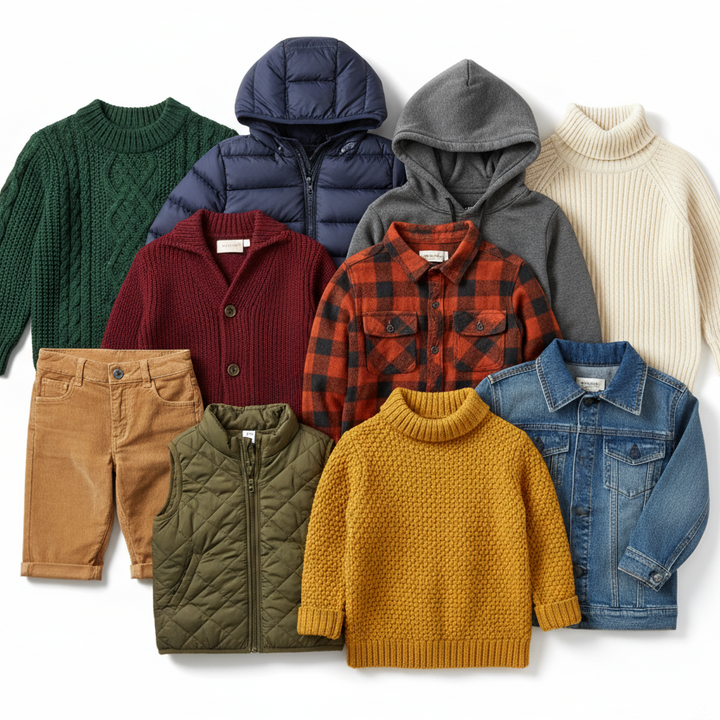 Collection of children's winter clothing including sweaters, jackets, and pants on a white background