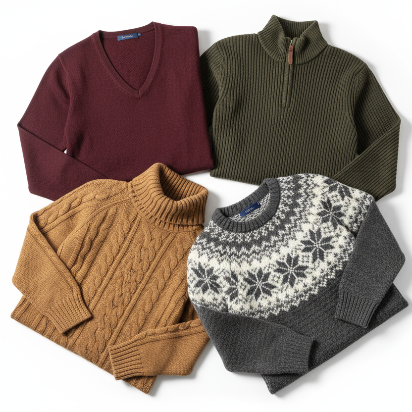 Four sweaters in different colors on a white background