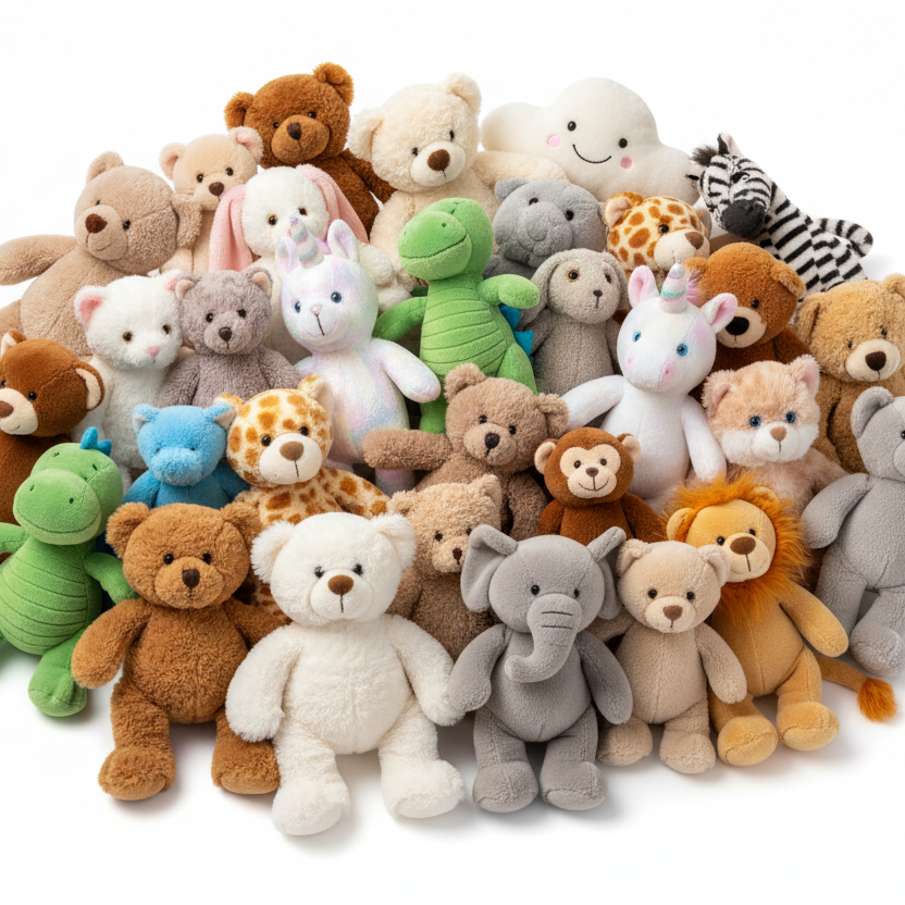 Assorted colorful plush toys on a white background