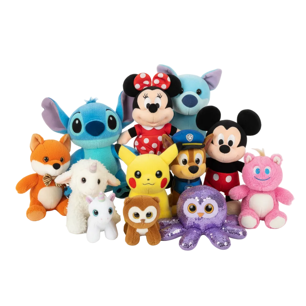 plush toys arranged including characters such as Stitch, Minnie Mouse, Mickey Mouse, Pikachu, Stitch, Pluto, Spike, and a purple octopus. Perfect for resellers on whatnot
