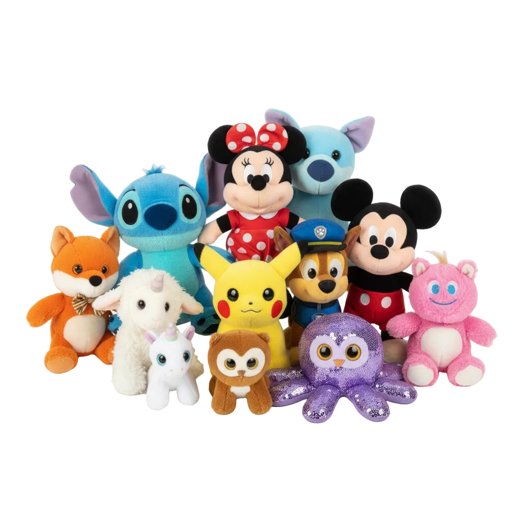 plush toys arranged including characters such as Stitch, Minnie Mouse, Mickey Mouse, Pikachu, Stitch, Pluto, Spike, and a purple octopus. Perfect for resellers on whatnot