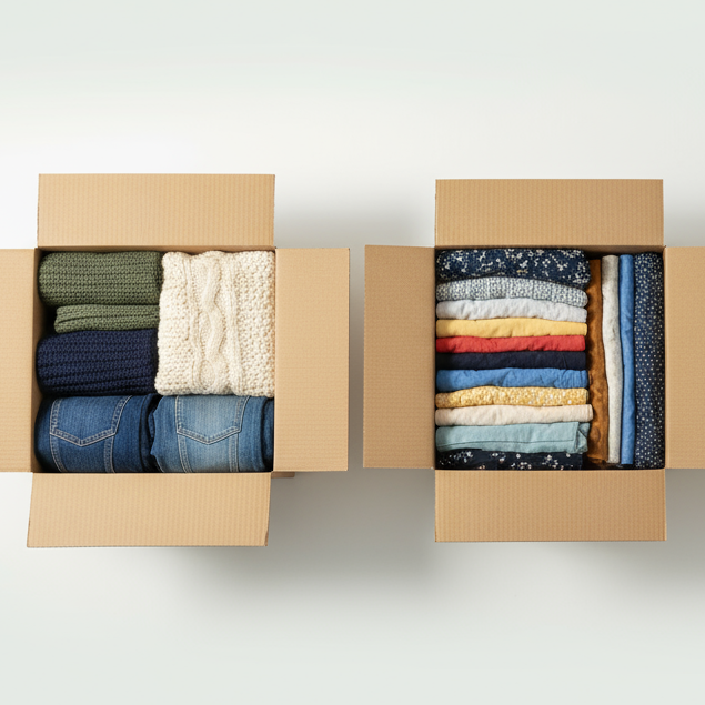 Three cardboard boxes filled with folded clothes on a white background