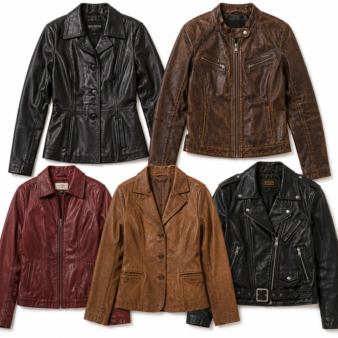 Vintage leather jackets mix featuring retro biker jackets, distressed leather coats and classic leather outerwear in black, brown and burgundy tones for men and women. Wholesale second hand vintage leather jackets bundle ideal for resellers, vintage boutiques, Depop sellers and sustainable fashion businesses.