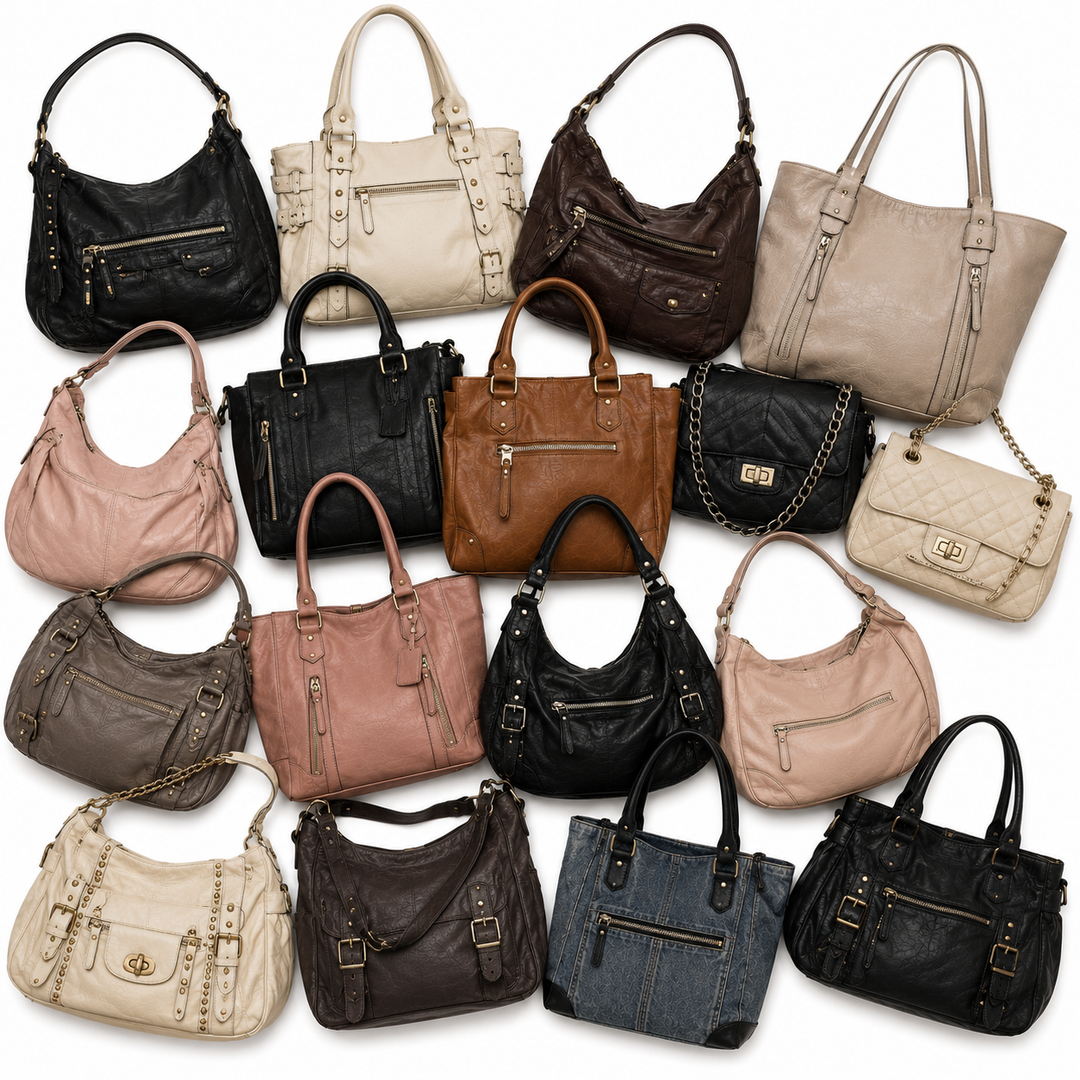 Women’s handbags mix featuring shoulder bags, tote bags, quilted handbags and faux leather high street styles in black, cream, tan, pink and denim tones. Wholesale second hand handbags bundle ideal for resellers, boutiques, market traders and sustainable fashion businesses