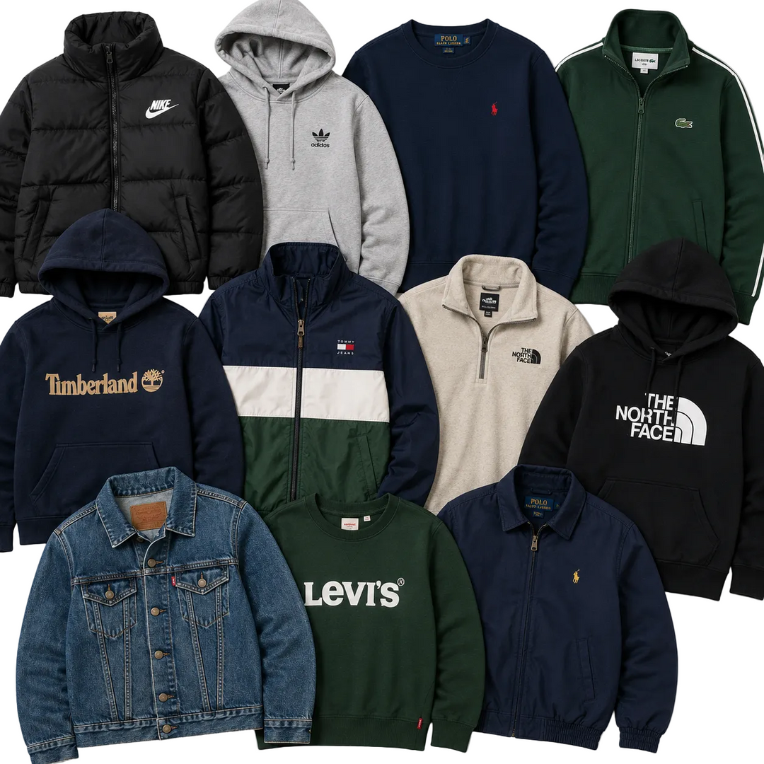 Adults branded and designer clothing mix featuring Nike, Adidas, Ralph Lauren, Lacoste, Levi’s, Timberland and premium casualwear brands. Wholesale second hand branded clothing bundle including hoodies, jackets, sweatshirts, knitwear and designer fashion pieces ideal for resellers, vintage sellers and sustainable fashion businesses