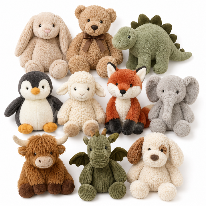 Collection of stuffed animals including a teddy bear, dinosaur, penguin, sheep, fox, elephant, cow, dragon, and dog on a white background.