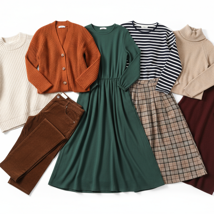 Collection of autumnal clothing items including sweaters, a dress, and pants on a white background