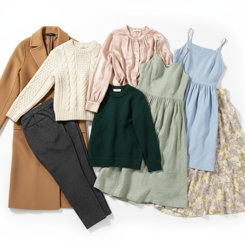 Womens wholesale clothing items including a coat, sweater, pants, and dresses on a white background