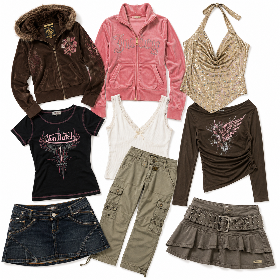 Women’s Y2K clothing mix featuring velour tracksuits, cargo trousers, graphic baby tees, denim mini skirts, embellished tops and trendy early 2000s fashion styles. Wholesale second hand Y2K clothing bundle ideal for resellers, Depop sellers, vintage boutiques and sustainable fashion businesses