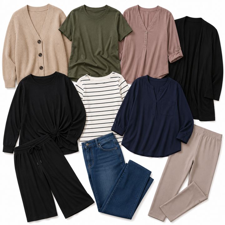 Plus size value clothing mix featuring casual tops, knitwear, leggings, jeans, cardigans and everyday women’s fashion in simple wearable styles. Wholesale second hand plus size clothing bundle ideal for resellers, boutiques, market traders and sustainable fashion businesses