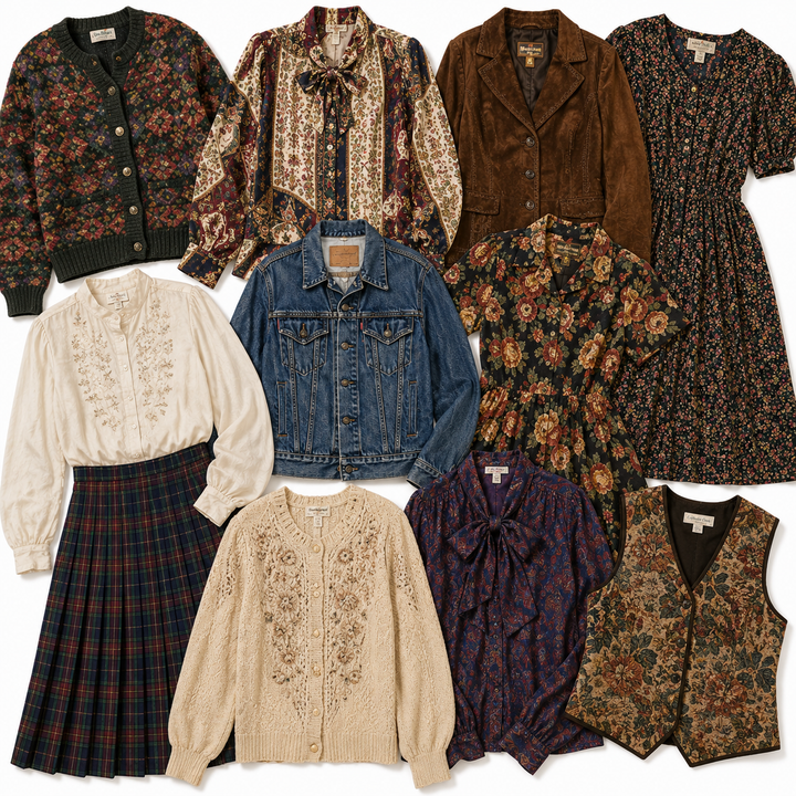 Vintage women’s clothing mix featuring floral dresses, embroidered blouses, tapestry pieces, denim jackets, knitwear, pleated skirts and retro patterned fashion in authentic vintage styles. Wholesale second hand vintage women’s clothing bundle ideal for resellers, vintage boutiques, market traders and sustainable fashion businesses.