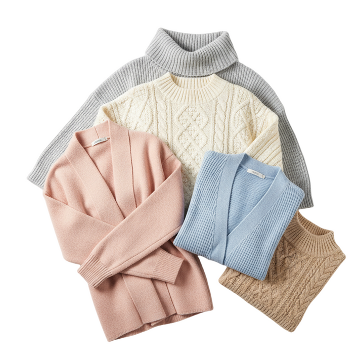 Collection of colorful sweaters on a light gray background