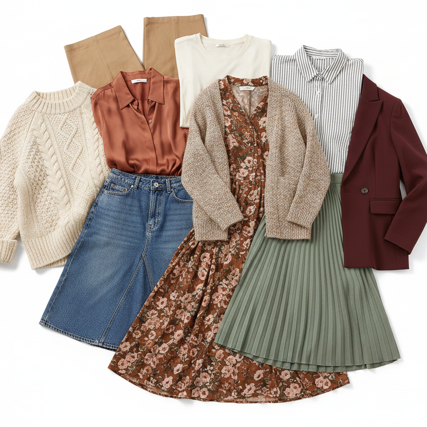 Wholesale plus size clothing items including sweaters, shirts, and skirts on a white background