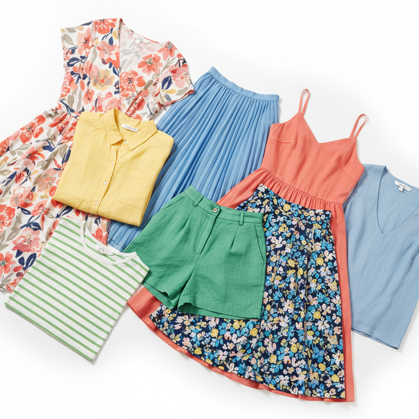Collection of colorful clothing items including dresses, shirts, and shorts on a white background
