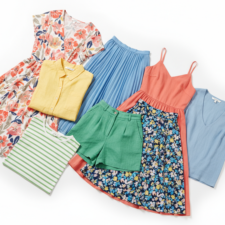 Collection of colorful clothing items including dresses, shirts, and shorts on a white background