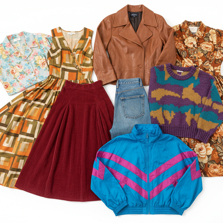 Collection of vintage clothing items including a brown leather jacket, patterned dress, red skirt, blue jacket with pink stripes, and floral shirt on a white background.