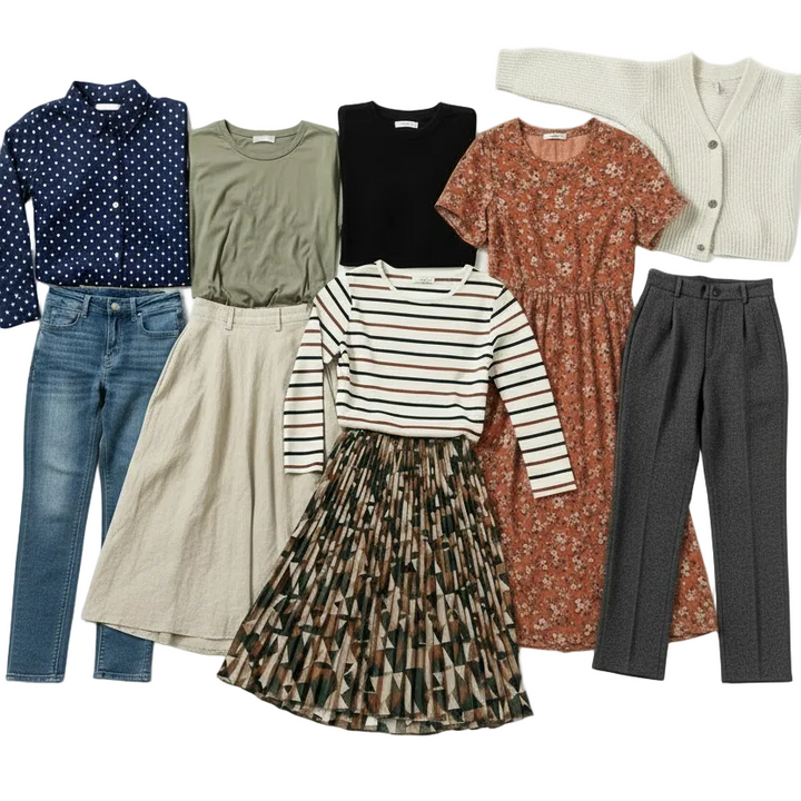 Collection of various wholesale womens  items including shirts, pants, and a skirt on a white background