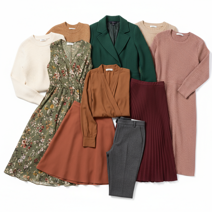 Collection of women's wholesale clothing items including dresses, coats, and pants on a white background