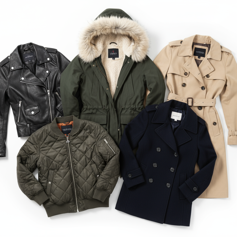 Collection of winter jackets including a leather jacket, parka, quilted jacket, and trench coat on a white background.