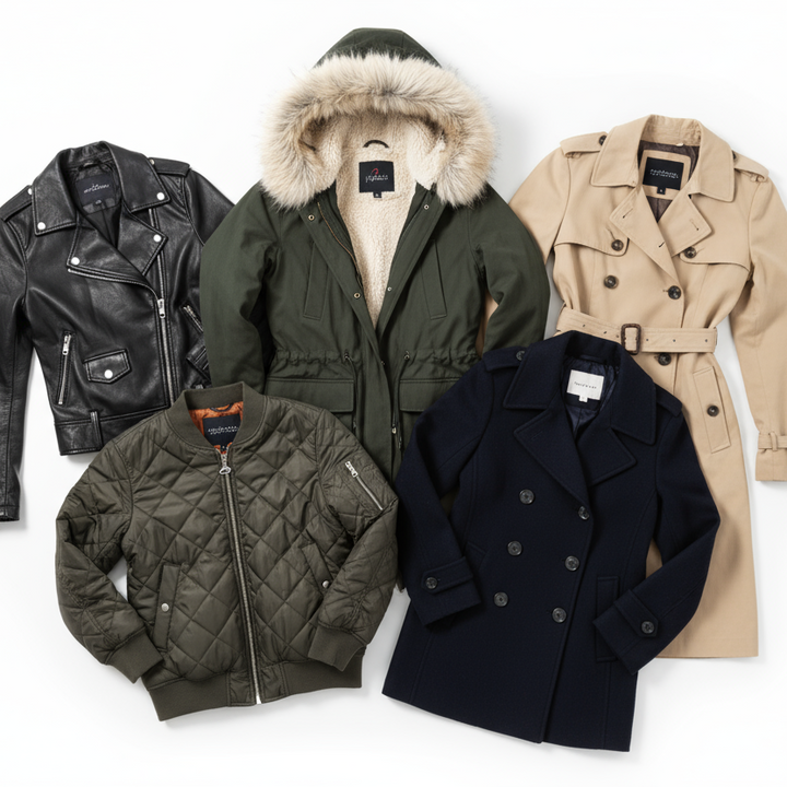 Collection of winter jackets including a leather jacket, parka, quilted jacket, and trench coat on a white background.
