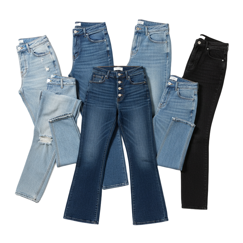 Collection of various jeans on a white background