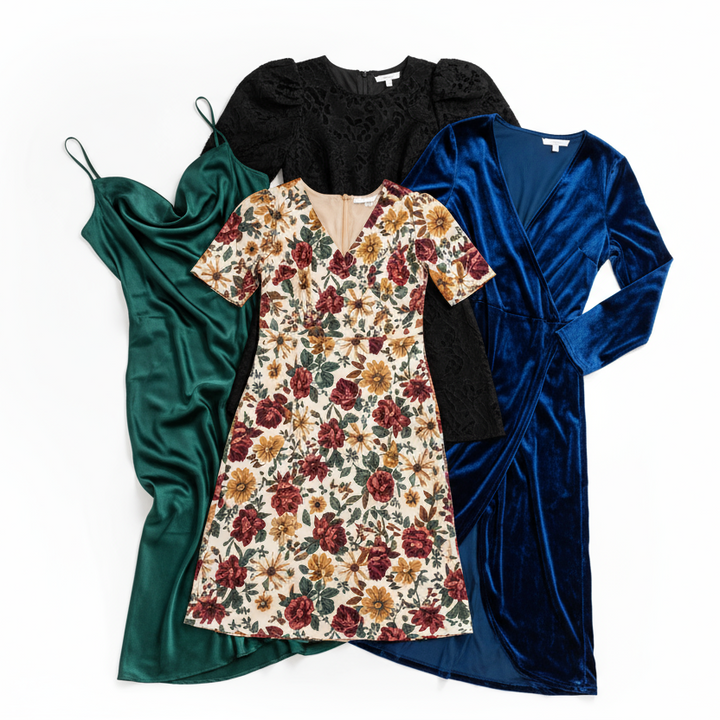 Four dresses in different styles and colors on a white background