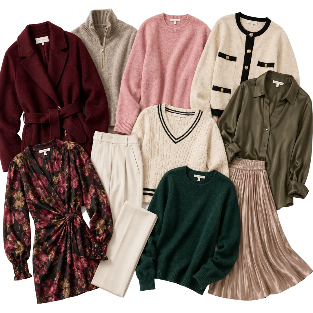 Collection of various clothing items including coats, sweaters, and pants on a white background