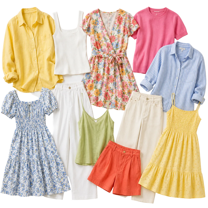 Women’s spring summer clothing mix featuring dresses, blouses, skirts, trousers, knitwear and casual fashion pieces. Wholesale second hand women’s clothing bundle with stylish seasonal garments ideal for resellers, boutiques, vintage sellers and sustainable fashion businesses.